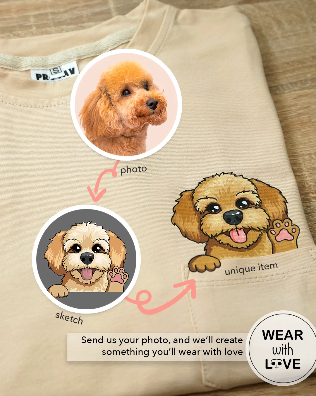 T-shirt with a hand-painted pet portrait: photo, sketch, and the finished piece